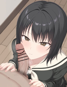 1boy 1girl bar_censor black_hair blush censored commentary_request erection hetero imminent_fellatio kanina_shizuka large_penis lillian_girls&#039;_academy_school_uniform long_sleeves looking_at_penis maria-sama_ga_miteru mizuno-go paid_reward_available penis penis_awe penis_on_face school_uniform serafuku short_hair simple_background smegma smelling smelling_penis testicles veins veiny_penis