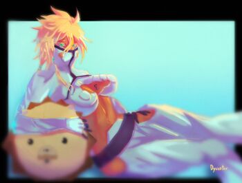 2010 artist_name ball bleach blonde_hair breast_tattoo breasts colored_eyelashes cropped_jacket dark-skinned_female dark_skin dynoxter espada green_eyes kon_(bleach) large_breasts looking_at_viewer lying medium_hair navel number_tattoo on_side simple_background stomach tattoo thighs tier_harribel