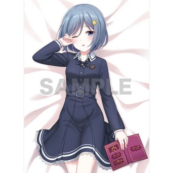 1girl alternative_girls arm_up belt blue_belt blue_bow blue_bowtie blue_eyes blue_hair blue_shirt blue_skirt blush bob_cut book bow bowtie breasts buttons cowboy_shot dakimakura_(medium) dot_nose emblem frilled_skirt frills hair_ornament holding holding_book long_sleeves looking_at_viewer medium_breasts official_art one_eye_closed open_book open_mouth orimiya_yui rabbit_hair_ornament sample_watermark school_uniform second-party_source shirt short_hair skirt solo watermark
