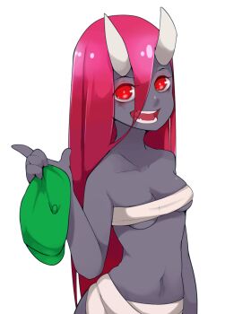 1girl bare_shoulders beret breasts budget_sarashi collarbone demon_girl fang female_focus glowing glowing_eyes green_hat hair_between_eyes hand_up happy hat highres holding holding_unworn_clothes holding_unworn_hat horns lilith_(the_binding_of_isaac) loincloth long_hair looking_at_viewer navel open_mouth red_eyes red_hair sarashi sidelocks simple_background skindentation small_breasts smile solo stomach teeth the_binding_of_isaac underboob unworn_hat unworn_headwear upper_body very_long_hair white_background white_horns yellowparrot