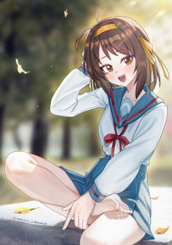 1girl :d absurdres backlighting barefoot blue_sailor_collar blue_skirt blurry blurry_background blush bow bowtie brown_eyes brown_hair commentary_request dated day falling_leaves feet film_grain foot_out_of_frame hair_between_eyes hair_ribbon hairband hand_up happy high-waist_skirt highres hugging_own_legs kita_high_school_uniform leaf long_sleeves looking_at_viewer medium_hair open_mouth orange_hairband orange_ribbon outdoors park pleated_skirt red_bow red_bowtie ribbon sailor_collar school_uniform serafuku shangdi_de_fa_zhang shirt sitting skirt smile solo summer sunlight suzumiya_haruhi suzumiya_haruhi_no_yuuutsu sweatdrop teeth thighs toes upper_teeth_only white_shirt