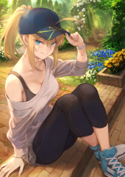 1girl adjusting_clothes adjusting_headwear ahoge arch arm_support artoria_pendragon_(fate) baseball_cap bellflower black_bra black_pants blonde_hair blouse blue_eyes blue_flower blue_shoes bra bra_strap bracelet breasts brick capri_pants colored_eyelashes crossed_ankles daisy_(flower) day fate/grand_order fate_(series) female_focus fingernails floral_arch flower hair_between_eyes hair_through_headwear hat highres jewelry legs_together light_rays long_hair looking_at_viewer mashutarou_(neko_no_oyashiro) medium_breasts mysterious_heroine_x_(fate) mysterious_heroine_xx_(fate) off-shoulder_blouse off_shoulder on_ground outdoors pale_skin pants path plant ponytail road rose shirt shoes sidelocks sitting smile sneakers solo sports_bra sunbeam sunlight tulip underwear watch white_flower white_rose white_shirt wristwatch yellow_flower yellow_tulip