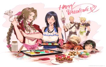 Rule 34 | 3boys, 3girls, absurdres, aerith gainsborough, apron, baking, chef hat, chocolate, cid highwind, cloud strife, cookie, crumbs, cupcake, final fantasy, final fantasy vii, final fantasy vii: ever crisis, food, fujise lisa, happy valentine, hat, highres, holding, holding pastry bag, icing, icing spatula, licking lips, macaron, mixing bowl, multiple boys, multiple girls, official alternate costume, official art, pastry, pastry bag, red xiii, sprinkles, sweets, tifa lockhart, tongue, tongue out, valentine, yuffie kisaragi