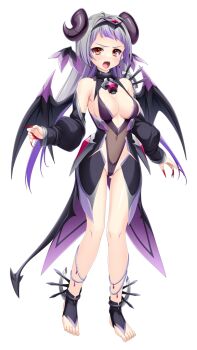 1girl barefoot black_horns black_leotard black_sleeves black_wings breasts chest_jewel cleavage corruption covered_navel dark_exs-tia_abyssus dark_persona demon_girl demon_horns demon_tail demon_wings detached_sleeves earrings fingernails full_body game_cg gluteal_fold gradient_hair grey_hair hairband head_wings highleg highleg_leotard horns jewelry kamitsurugi_ouka kouyoku_senki_exs-tia_concert kunijima_chiaki large_breasts large_variant_set leotard long_hair long_sleeves looking_at_viewer multicolored_hair nail_polish non-web_source official_art open_mouth purple_hair red_eyes red_nails sharp_fingernails shiny_skin solo standing tachi-e tail toeless_legwear transparent_background two-tone_hair variant_set very_long_hair wings