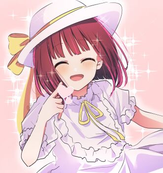 1girl aged_down arima_kana blush closed_eyes dress hat highres medium_hair open_mouth oshi_no_ko red_hair ribbon risdelusions short_hair smile solo white_dress white_hat yellow_ribbon