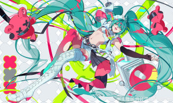 1girl absurdres aqua_eyes aqua_hair asymmetrical_legwear black_gloves boots commentary_request elbow_gloves fingerless_gloves full_body gloves half-skirt halftone halftone_print hatsune_miku highres holding holding_megaphone lace-up_boots long_hair looking_at_viewer megaphone mismatched_legwear navel nyansky open_mouth racing_miku racing_miku_(2025) shorts solo stuffed_animal stuffed_toy twintails very_long_hair vocaloid watermark weibo_watermark white_boots white_shorts