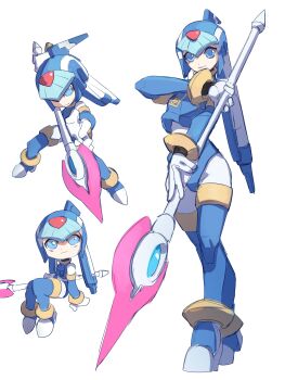 1girl absurdres armor blue_armor blue_eyes blue_helmet chibi fairy_leviathan_(mega_man) fins forehead_jewel full_body head_fins helmet highres holding holding_polearm holding_weapon mega_man_(series) mega_man_zero_(series) multiple_views omochi_(mochi_skymega) polearm simple_background spear weapon white_background