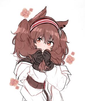 Rule 34 | 1girl, 5rwpvc, absurdres, angelina (arknights), animal ears, arknights, black gloves, brown hair, bunching hair, coat, dot nose, earpiece, flower, fox ears, fox girl, gloves, hair between eyes, hairband, highres, long hair, pout, red eyes, red flower, red hairband, simple background, solo, striped clothes, striped hairband, twintails, two-tone hairband, upper body, white background, white coat