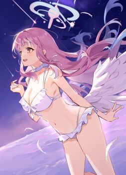 1girl absurdres ass bikini blue_archive blue_hair blue_halo breasts choker feathered_wings feathers frilled_bikini frills gradient_hair gradient_halo halo happy highres karasu_btk large_breasts low_wings mika_(blue_archive) mika_(swimsuit)_(blue_archive) multicolored_hair multicolored_halo night night_sky ocean official_alternate_costume open_mouth pink_hair pink_halo raised_eyebrows shooting_star sky solo spread_wings star_(sky) starry_sky swimsuit thighs thong_bikini wet white_bikini white_choker wings yellow_eyes