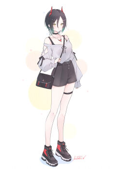 Rule 34 | 1girl, absurdres, alternate costume, azur lane, bag, bare shoulders, belt, black choker, black hair, blush, breasts, casual, choker, commentary request, hair between eyes, highres, horns, legs, livetarica, mechanical horns, medium breasts, multicolored hair, red horns, shoes, short hair, shorts, shoulder bag, simple background, sneakers, solo, thigh strap, ulrich von hutten (azur lane), white background, yellow eyes