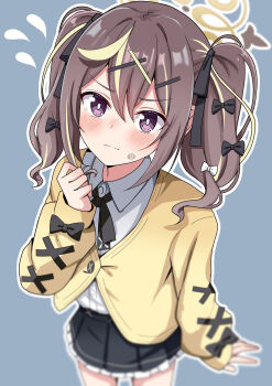 1girl absurdres black_bow black_ribbon black_skirt blonde_hair blue_archive blue_background blurry blush bow brown_hair cardigan closed_mouth collared_shirt commentary_request cross-laced_clothes cross-laced_sleeves depth_of_field flying_sweatdrops foreshortening hair_between_eyes hair_bow halo highres hosinonana long_sleeves looking_at_viewer multicolored_hair multiple_hair_bows neck_ribbon outline purple_eyes rena_(blue_archive) ribbon shirt sidelocks simple_background skirt solo standing streaked_hair sweatdrop twintails upper_body v-shaped_eyebrows white_outline white_shirt yellow_cardigan