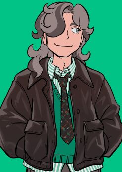 1boy alternate_costume arven_(pokemon) brown_hair brown_jacket closed_mouth collared_jacket collared_shirt commentary elizabeth_(tomas21) green_background green_eyes green_vest grey_pants hair_over_one_eye hands_in_pockets highres jacket long_hair looking_to_the_side male_focus necktie nintendo open_clothes open_jacket pants pokemon pokemon_sv print_necktie shirt simple_background smile solo striped_clothes striped_shirt vertical-striped_clothes vertical-striped_shirt vest