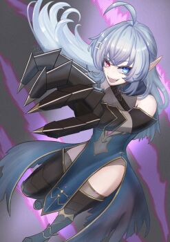 Rule 34 | 1girl, ahoge, black gauntlets, blue dress, blue eyes, clawed gauntlets, commentary request, dress, eleking1107, fangs, gauntlets, general geega, general geega (1st costume), grey hair, hair between eyes, hair ornament, heterochromia, highres, indie virtual youtuber, leg armor, leotard, long hair, looking at viewer, navel, open mouth, pointy ears, red eyes, see-through cleavage, see-through clothes, see-through leotard, single gauntlet, smile, thighs, virtual youtuber