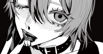 1girl belt_buckle belt_collar black_background blood blood_from_mouth buckle close-up collar double-parted_bangs fangs greyscale hair_between_eyes hand_up lips looking_at_viewer monochrome one_eye_closed open_mouth original short_hair simple_background solo teeniika