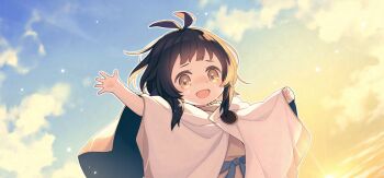 1boy antenna_hair blue_sky brown_eyes brown_hair cloak cloud crying fate/grand_order fate_(series) game_cg gradient_sky looking_at_viewer male_focus medium_hair official_art open_mouth outdoors sky smile solo third-party_source upper_body warashi_(fate) yellow_sky