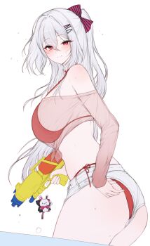 1girl absurdres ass bare_shoulders bikini bow breasts closed_mouth commission crop_top from_side gadeung_hye hair_bow hair_ornament hairclip halterneck highres holding holding_water_gun large_breasts long_hair long_sleeves looking_at_viewer micro_shorts midriff off-shoulder_shirt off_shoulder one_side_up original red_bikini red_eyes red_shirt riche_leilani second-party_source see-through_clothes see-through_shirt shirt shorts side-tie_bikini_bottom simple_background smile solo string_bikini swimsuit very_long_hair water_gun white_background white_hair white_shorts
