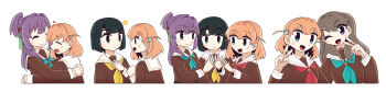 4girls :d ^_^ aqua_eyes aqua_neckerchief black_hair blunt_bangs blunt_ends bob_cut brown_dress brown_hair cerise_bouquet closed_eyes commentary_request cropped_torso dress flower fujishima_megumi green_eyes hair_bun hair_flower hair_intakes hair_ornament hasu_no_sora_school_uniform highres hinoshita_kaho hug kiruzzy link!_like!_love_live! long_hair long_image long_sleeves looking_at_viewer love_live! medium_hair momose_ginko multiple_girls multiple_views mutual_hug neckerchief open_mouth otomune_kozue purple_eyes purple_hair rabbit_hair_ornament red_flower red_neckerchief sailor_collar sailor_dress school_uniform short_hair side_ponytail sidelocks simple_background single_side_bun smile tassel tassel_hair_ornament two_side_up v virtual_youtuber white_background white_sailor_collar wide_image winter_uniform yellow_neckerchief
