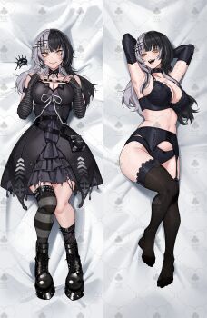 1girl absurdres arm_strap arms_up black_arm_warmers black_boots black_bra black_choker black_dress black_gloves black_hair black_nails black_panties black_thighhighs boots bra breasts choker cleavage closed_mouth commission dakimakura_(object) dress elbow_gloves feet female_focus garter_belt garter_straps gloves grey_hair harris_hero highres hololive hololive_english jewelry lace lace-trimmed_thighhighs lace_trim large_breasts long_hair looking_at_viewer lying multicolored_hair navel on_back open_mouth panties pillow ribbon ring second-party_source shiori_novella shiori_novella_(1st_costume) single_thighhigh smile spiked_boots split-color_hair striped_arm_warmers striped_clothes striped_thighhighs teeth thighhighs two-tone_hair underwear variant_set virtual_youtuber watermark white_ribbon yellow_eyes yorick_(shiori_novella)