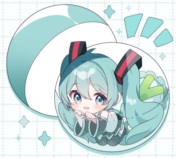 1girl :d bare_shoulders black_boots black_skirt black_sleeves blue_eyes blue_hair blush boots collared_shirt commentary_request detached_sleeves double-parted_bangs full_body gashapon grey_shirt grid_background hair_between_eyes hatsune_miku highres long_hair long_sleeves looking_at_viewer miniskirt open_mouth pleated_skirt shirt skirt sleeveless sleeveless_shirt smile solo spring_onion thigh_boots twintails very_long_hair vocaloid white_background wide_sleeves yuni_(irohasuiroiro)