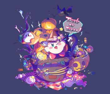 amedama_(akaki_4207) bow candy cappy_(kirby) commentary_request drooling english_text food food_focus ghost green_eyes halloween hat hat_bow hat_ribbon highres jack-o'-lantern kirby kirby_(series) looking_at_viewer mouth_drool nintendo no_humans one_eye_closed pumpkin ribbon sparkle speech_bubble striped_bow striped_ribbon trick_or_treat waddle_dee wapod witch_hat