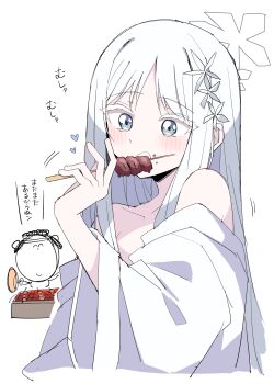 1boy 1girl absurdres bare_shoulders blue_archive commentary_request cooking doodle_sensei_(blue_archive) eating food grey_eyes grilling hair_ornament halo hand_fan highres himiya_jouzu holding holding_fan holding_skewer nagusa_(blue_archive) sensei_(blue_archive) simple_background skewer smile translation_request white_background white_hair yakitori