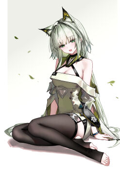 1girl absurdres animal_ear_fluff animal_ears arknights bare_shoulders bracelet breasts brown_thighhighs cat_ears cat_girl chinese_commentary cleavage commentary dress gradient_hair green_eyes green_hair halterneck highres jewelry kal'tsit_(arknights) kal'tsit_esperanta_(arknights) looking_at_viewer medium_breasts multicolored_hair off-shoulder_dress off_shoulder open_mouth simple_background sitting solo star_of_life stirrup_legwear thighhighs toeless_legwear toes two-tone_hair user_xapf3744 white_background white_dress white_hair