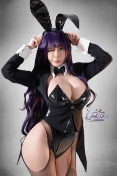 1girl artist_name black_leotard breasts cleavage cosplay cosplay_photo female_focus fishnets highres izayoi_arisa izayoi_arisa_(cosplay) kitagawa_marin kitagawa_marin_(cosplay) leotard looking_at_viewer medium_breasts photo_(medium) playboy_bunny purple_hair rabbit_ears real_life solo sono_bisque_doll_wa_koi_wo_suru umekojcosplayer vietnamese watermark