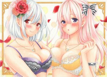 Rule 34 | 2girls, :o, aqua hair, arm bow, arm strap, asymmetrical docking, beard, blue eyes, blush, border, bow, bow bra, bra, breast press, breasts, closed mouth, collarbone, commentary request, double-parted bangs, facial hair, hair between eyes, hair bow, hand up, heart pendant, highres, jewelry, large breasts, light smile, lingerie, long beard, long hair, looking at viewer, marker (medium), midori (mira567), multiple girls, necklace, one side up, original, ornate border, outside border, parted lips, pink hair, purple bra, red eyes, short hair, straight hair, striped bow, traditional media, underwear, upper body, yellow border, yellow bra