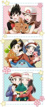 3boys 3girls baseball_cap beanie black_hair blue_shirt blush bonsly brown_hair closed_eyes collared_shirt dawn_(pokemon) donut dress earrings eating eevee ethan_(pokemon) food gen_1_pokemon gen_4_pokemon goggles green_(pokemon) hair_ornament happy hat hat_ribbon highres holding hug jacket jewelry kris_(pokemon) long_hair long_sleeves lucas_(pokemon) mantyke mime_jr. multiple_boys multiple_girls munchlax nintendo pokemon pokemon_(creature) pokemon_adventures polka_dot polka_dot_background red_(pokemon) red_dress red_ribbon red_shirt ribbon scarf shirt short_hair short_sleeves sleeveless smile spiked_hair star_(symbol) star_earrings tsaianda twintails