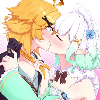 2girls ahoge aqua_dress aqua_eyes aqua_sleeves black_bow black_bowtie black_gloves black_jacket blonde_hair blue_shirt blush bow bowtie center_frills cgator closed_eyes clothes_grab collared_shirt commentary constricted_pupils detached_collar detached_sleeves dokibird dokibird_(bounty_hunter) dress ear_blush frills gloves gradient_hair green_hair hair_ornament highres indie_virtual_youtuber jacket kiss looking_at_another maid_headdress mint_fantome mint_fantome_(minto_2.0) multicolored_hair multiple_girls neckerchief neckerchief_grab pointy_ears shirt short_hair sleeveless sleeveless_dress surprised virtual_youtuber white_hair wide-eyed x_hair_ornament yellow_neckerchief yuri