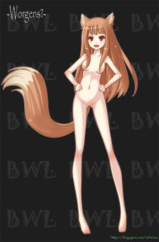 1girl animal_ears barefoot blush censored convenient_censoring crossover female_focus hair_censor hair_over_breasts hands_on_own_hips holo legs long_hair narrow_waist nefarian no_nipples no_pussy nude orange_hair red_eyes smile solo spice_and_wolf tail teeth warcraft wolf_ears wolf_tail worgen world_of_warcraft