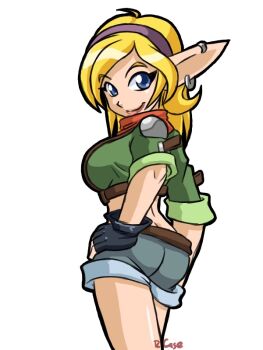 1girl ass blonde_hair blue_eyes breasts cleavage cowboy_shot ear_piercing earrings fingerless_gloves gloves green_shirt hairband headband jak_and_daxter jak_ii jewelry long_ears long_hair long_pointy_ears looking_at_viewer looking_back medium_breasts midriff piercing pointy_ears shirt short_shorts shorts simple_background smile solo standing swept_bangs tagme tess_(jak_and_daxter) white_background