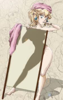 1girl blonde_hair blue_eyes brushing_teeth earrings feet female_focus highres jay_phenrix jewelry mario_(series) nintendo nude princess_peach screen sexually_suggestive shadow showering silhouette solo standing super_mario_bros._1 toothbrush towel wet