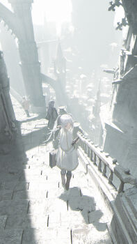 1boy 2girls absurdres arch architecture axe battle_axe black_cloak book boots building capelet cityscape cloak coat elf fen_bang_laoda fern_(sousou_no_frieren) frieren from_above green_eyes hair_ornament hairclip half_updo highres holding holding_behind_back holding_book holding_suitcase holding_weapon holding_weapon_behind_back looking_back multiple_girls outdoors pointy_ears purple_hair red_coat scenery sousou_no_frieren spire stairs stark_(sousou_no_frieren) straight_hair suitcase tower twintails walking weapon white_capelet white_hair