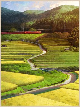 border bridge brown_border bush cloud commentary_request day grass guard_rail hill landscape location_request mountain mugumo_24k nature no_humans original outdoors overhead_line real_world_location rice_paddy road scenery shed signature sunset train tree wheat_field