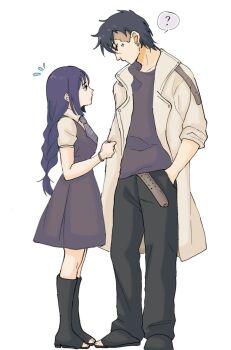 1boy 1girl ? black_hair blonde_hair boots boruto:_two_blue_vortex braid breasts coat diagonal-striped_clothes diagonal-striped_necktie dress facial_mark height_difference kakei_sumire kawaki_(boruto) male_focus medium_breasts medium_dress multicolored_hair naruto_(series) necktie open-toe_boots open-toe_shoes purple_hair spoken_question_mark striped_clothes third-party_source two-tone_hair undercut white_coat yumaeui