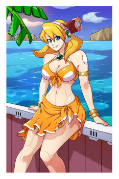 1girl alia_(mega_man) android armlet bikini bikini_skirt blonde_hair blue_eyes blue_sky bracelet breasts chest_jewel cleavage clenched_teeth headgear highres jewelry joints large_breasts long_hair looking_at_viewer medium_hair mega_man_(series) mega_man_x_(series) mega_man_x_dive multicolored_bikini navel navigator ocean orange_bikini robot robot_ears robot_girl robot_joints sky smile solo summer swimsuit swimsuit_alia_(mega_man) teeth toastiepumpkin two-tone_bikini yellow_bikini