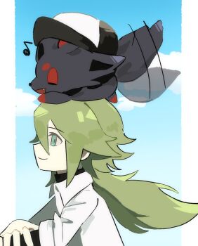 Rule 34 | 1boy, 1l6wpwihya38112, black hat, blue eyes, blue sky, closed mouth, cloud, fang, from side, gen 5 pokemon, green hair, hat, long hair, looking ahead, male focus, musical note, n (pokemon), nintendo, outdoors, outside border, pillarboxed, pokemon, pokemon (creature), pokemon bw, sky, standing, tail, tail wagging, zorua