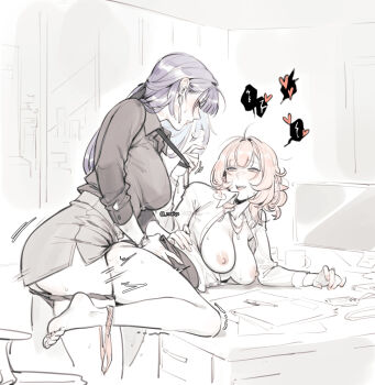 ass barefoot black_panties blue_eyes breasts clothed_sex desk earrings elf elysia_(honkai_impact) feet futa_with_female futanari grey_skirt highres holding holding_id_card honkai_(series) honkai_impact_3rd id_card jewelry large_breasts long_hair maiqo monitor necklace nipples office_lady on_desk open_clothes open_shirt panties panties_around_leg panty_pull pencil_skirt pink_hair pink_panties pointy_ears raiden_mei shirt short_hair sitting skirt soles toes twitter_username underwear very_long_hair white_shirt