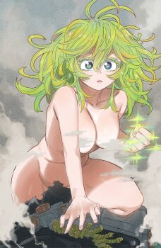 1girl all_fours blue_eyes boku_no_hero_academia breasts clenched_hand colored_eyelashes commentary completely_nude convenient_censoring dust gaston18 green_hair hagakure_toru hair_between_eyes highres large_breasts looking_at_viewer medium_hair messy_hair nude parted_lips ringed_eyes solo sparkle steam steam_censor symbol-only_commentary third-party_edit