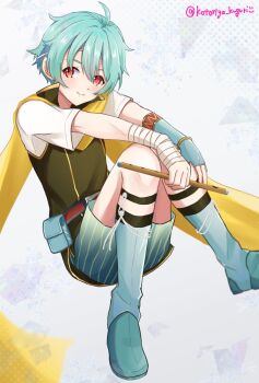 Rule 34 | 1boy, aqua hair, aqua pants, circlet, closed mouth, commentary request, fire emblem, fire emblem: the blazing blade, highres, kotoriya kuguri, looking at viewer, male focus, nils (fire emblem), nintendo, pants, red eyes, scarf, short hair, smile