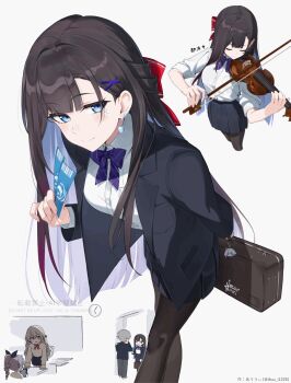 1boy 3girls alternate_costume auui black_jacket black_pantyhose black_ribbon black_skirt blue_eyes blue_hair bow bow_(music) breasts brown_hair caelus_(honkai:_star_rail) closed_mouth collared_shirt commentary_request diagonal-striped_bow dress_shirt firefly_(honkai:_star_rail) grey_background grey_pants hair_bow hair_ribbon holding holding_bow_(music) holding_instrument holding_ticket honkai:_star_rail honkai_(series) hysilens_(honkai:_star_rail) instrument jacket long_hair medium_breasts multicolored_hair multiple_girls multiple_views music open_clothes open_jacket pants pantyhose playing_instrument pleated_skirt ponytail purple_bow red_bow ribbon school_uniform shirt silver_wolf_(honkai:_star_rail) single_drill skirt smile striped_bow ticket trailblazer_(honkai:_star_rail) translation_request two-tone_hair very_long_hair violin watermark white_shirt