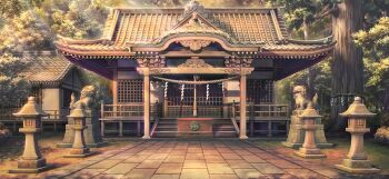 Rule 34 | architecture, bamboo, east asian architecture, game cg, hakurei shrine, komainu, lantern, no humans, non-web source, official art, outdoors, paper lantern, rope, scenery, shide, shimenawa, shrine, stone lantern, tile roof, touhou, touhou gensou eclipse, translated, tree, twilight