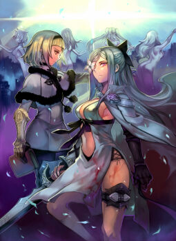 2girls ass back blonde_hair blood blood_on_clothes book bow capelet drag-on_dragoon drag-on_dragoon_3 dress earrings five_(drag-on_dragoon) four_(drag-on_dragoon) fur_trim gauntlets hair_bow hairband jewelry long_hair multiple_girls nanakusa_(hillwithstars) nude one_(drag-on_dragoon) red_eyes short_hair silver_hair spoilers sword thigh_strap three_(drag-on_dragoon) two_(drag-on_dragoon) weapon zero_(drag-on_dragoon)