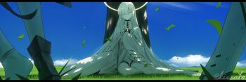 4girls absurdres artist_name blue_archive blue_sky closed_eyes closed_mouth cloud colored_skin commentary_request day ein_(blue_archive) falling_leaves halo highres kis_sako leaf letterboxed long_hair malkuth_(blue_archive) multiple_girls ohr_(blue_archive) on_ground outdoors sitting sky sleeves_past_fingers sleeves_past_wrists smile sof_(blue_archive) tree twitter_username white_hair white_skin yellow_halo yokozuwari
