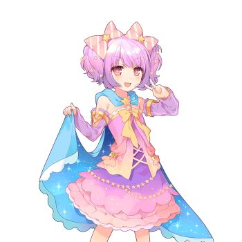 1girl aqua_cape bare_shoulders bow bowtie cape cape_lift detached_sleeves dress flat_chest gradient_clothes gradient_dress looking_at_viewer mayachi_(amuriya) melo_(uchihime) multicolored_dress multicolored_ribbon pink_dress pink_ribbon purple_dress purple_hair red_eyes ribbon short_hair striped_ribbon twintails uchi_no_hime-sama_ga_ichiban_kawaii v white_ribbon yellow_bow yellow_bowtie