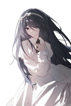 1girl dress grey_eyes grey_hair hair_rings hairband hibioes highres hoshino_ichika_(project_sekai) juliet_sleeves long_hair long_sleeves open_mouth project_sekai puffy_sleeves simple_background solo white_background white_dress white_hairband