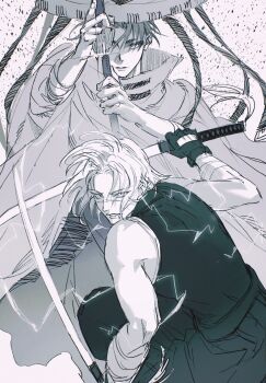 2boys bare_arms chinese_commentary cloak clothing_cutout commentary diffraction_spikes dual_wielding glove_cutout granyon greyscale hat highres holding holding_sheath holding_sword holding_weapon kagurabachi katana large_hat light_particles lightning looking_at_viewer male_focus monochrome multiple_boys muscular muscular_male natsuki_misaka pants reverse_grip scar scar_on_face scar_on_nose sheath sword tank_top unsheathing uruha_youji weapon