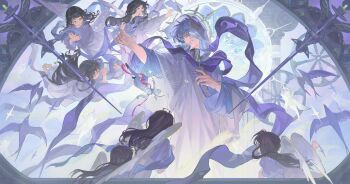 2boys 6+girls alternate_costume angel angel_wings bird black_hair black_shoes book border cherub chinese_commentary closed_eyes coat column cowboy_shot dress earrings falling feathered_wings gloves gold_earrings grey_hair grey_robe hair_between_eyes halo halo_behind_head head_wings highres holding holding_book holding_instrument holding_lyre honkai:_star_rail honkai_(series) hood hood_up hooded_robe instrument jewelry long_hair long_sleeves looking_at_another lyre m_iumiu1224 male_focus medium_hair mini_person miniboy multiple_boys multiple_girls one_eye_covered ornate_border outside_border outstretched_arm pants parted_lips peter_pan_collar pillar pink_ribbon purple_scarf ribbon robe scarf scarf_hold shirt shoes sideways_glance size_difference spiked_halo spirit stained_glass standing sunburst sunday_(honkai:_star_rail) sunday_(sacerdos&#039;_relived_ordeal)_(honkai:_star_rail) swallow_(bird) sword tears turtleneck turtleneck_shirt weapon wheel white_coat white_dress white_gloves white_pants white_wings wings yellow_eyes