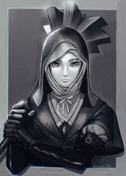 Rule 34 | 1girl, black capelet, black gloves, black hood, buckle, capelet, coif, commentary, crystal, elbow gloves, elden ring, elden ring nightreign, flanged mace, gloves, grey background, greyscale, highres, holding, holding mace, holding weapon, jewelry, looking at viewer, mace, monochrome, necklace, nun, outside border, over shoulder, solo, symbol-only commentary, twitter username, udonta 1954, undertaker (elden ring), upper body, weapon, weapon over shoulder, white coif